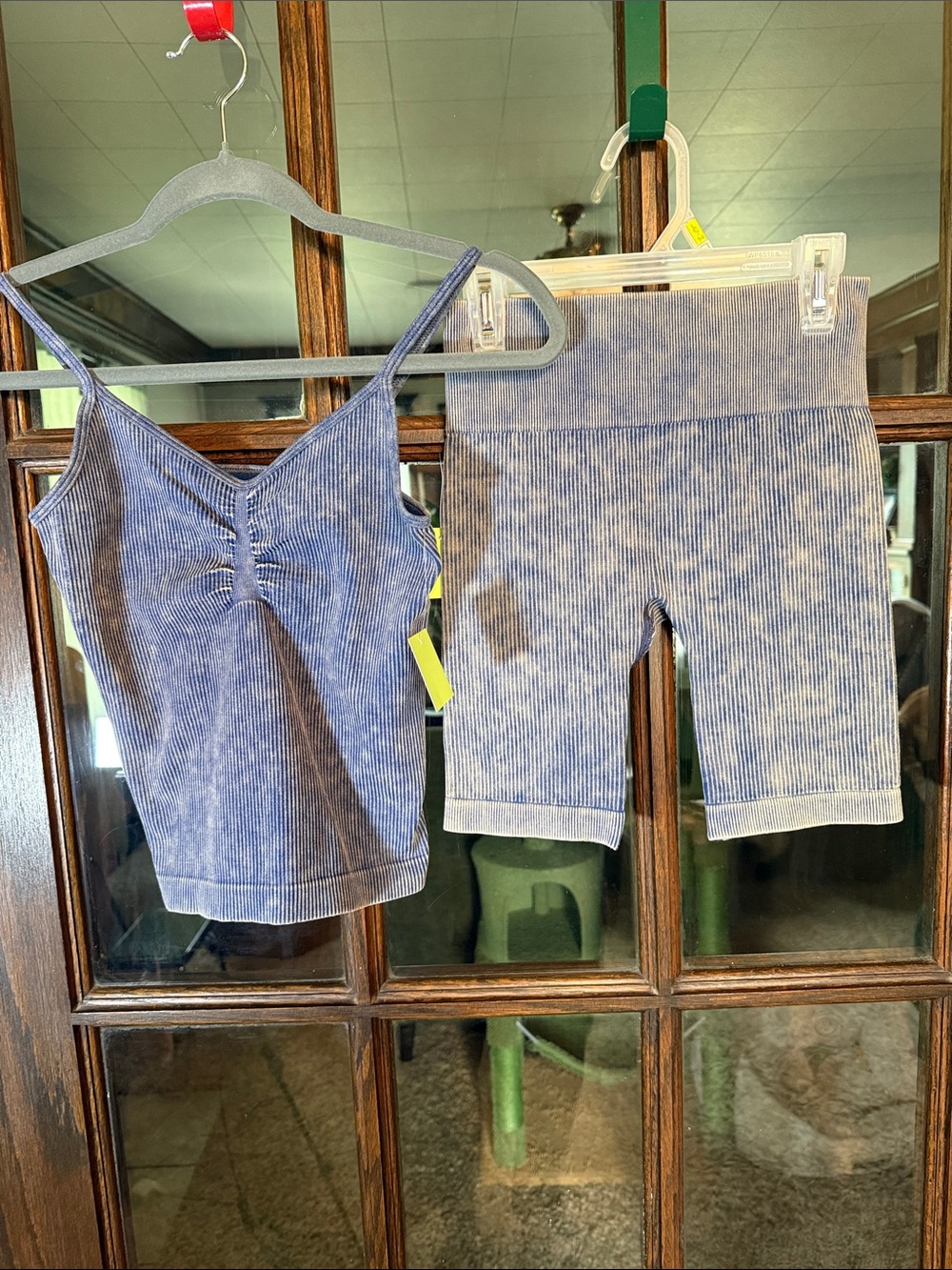 Better Be Blue Acid Wash Ribbed Cami & Biker Shorts Matching Set Seamless NEW